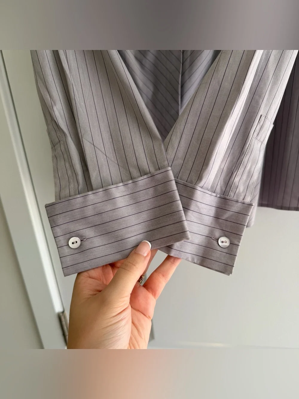 Lafayette 148 Purple Pinstripe Button Down Collared Shirt - Picture 3 of 6